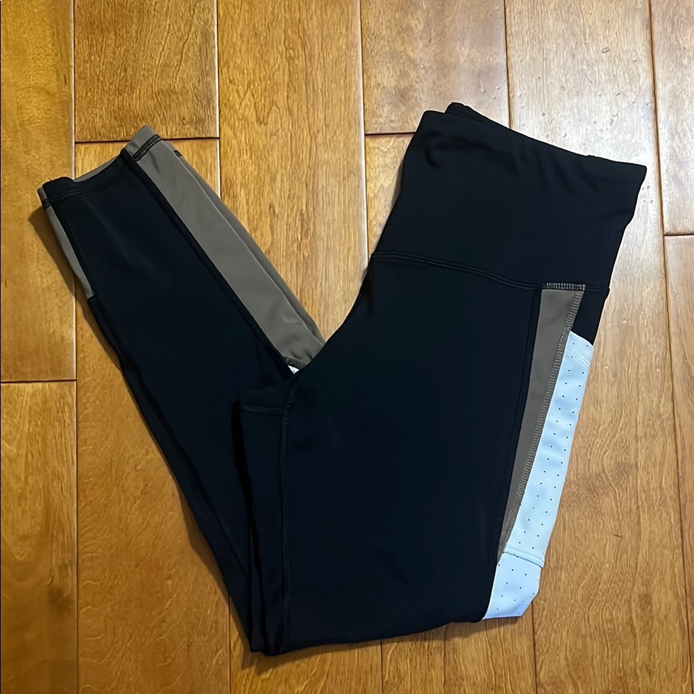 Champion Black Full Length Leggings Size L Side Pockets Brown & White Stripe